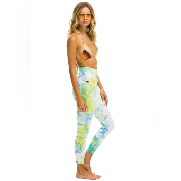 Aviator Nation Hand Dyed Cropped Hi Rise Leggings Tie Dye‎ Neon Yellow Blue XS - Picture 1 of 14